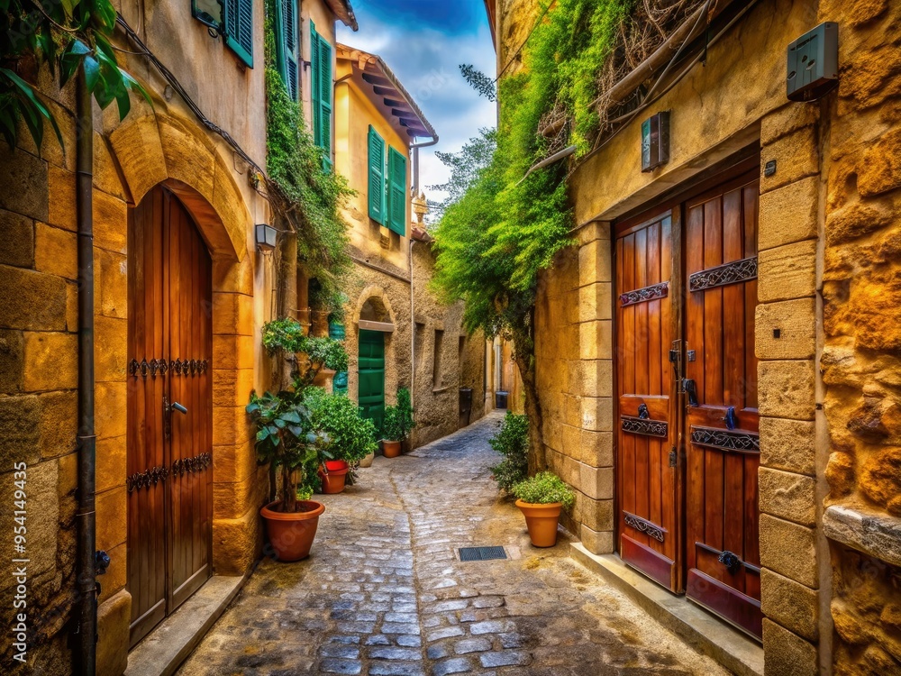 Fototapeta premium nicosia old town alleys cyprus mysterious atmosphere intimate moments rustic doors charming architecture warm light cozy atmosphere forgotten secrets