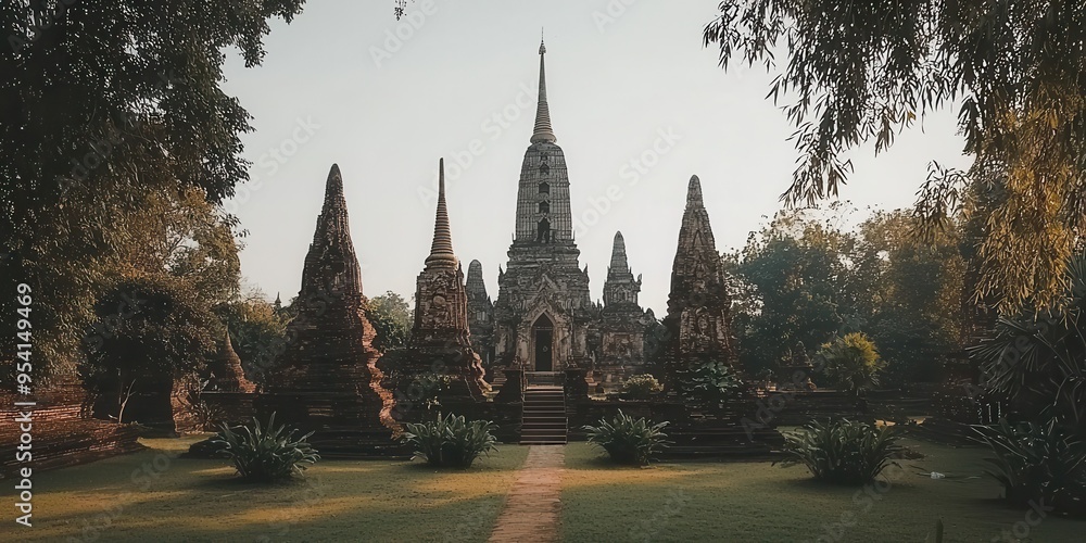 Naklejka premium Ancient Temple Ruins in Thailand with Pagoda and Stone Statues