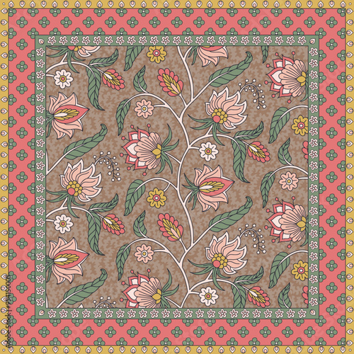 Scarf design with vintage ethnic indian trailing flowers motifs. Persian boho chic floral background. Tribal textile print.