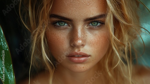 Portrait de visage féminin avec des taches de rousseur, des cheveux blond et des yeux bleu vert photo