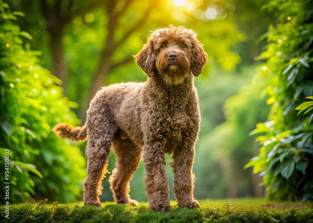Majestic, curly-haired Griffon dog stands proudly outdoors, showcasing its rich brown coat and endearing expression, Majestic, curly-haired Griffon dog stands proudly outdoors, showcasing its rich brown coat and endearing expression,