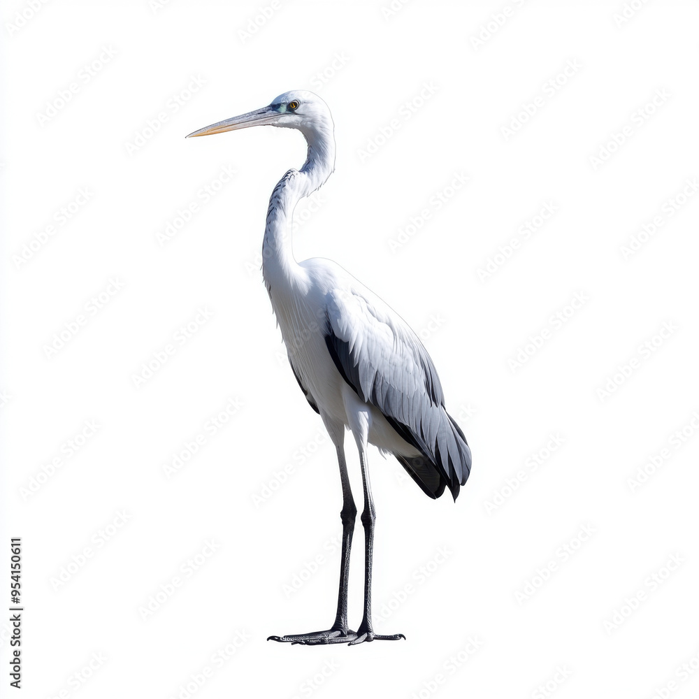 Obraz premium A solitary white heron stands against a plain white background, showcasing its elegant posture and detailed feathers.