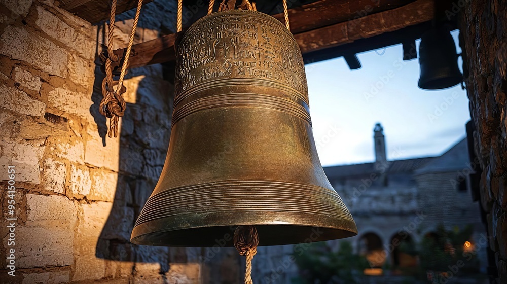 Obraz premium All Saints Day Church Bells A large bronze church bell hanging in a stone bell tower, with ropes attached, illuminated by the soft glow of the setting sun, ancient and resonant