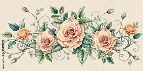 Delicate vector rose vines intertwine with romantic cursive tattoos on feminine skin in vintage-inspired aesthetic with muted pastel colors and subtle texture