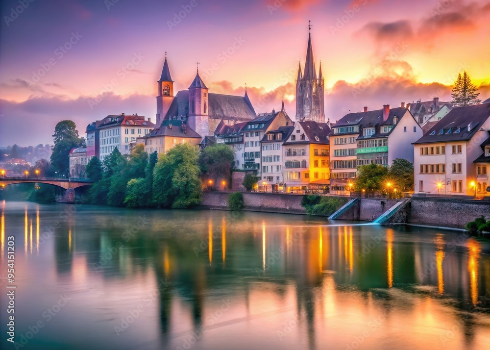 Fototapeta premium Foggy morning urban landscape of Basel's Altstadt with colorful buildings, Rhine River, Suspension Bridge, soft warm light, intimate atmosphere, vibrant colors.
