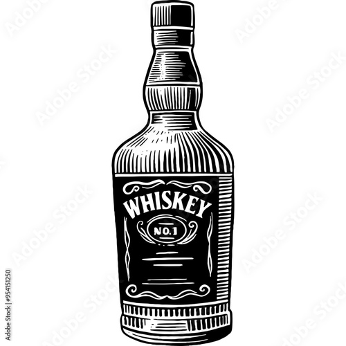 Hand drawn Whiskey Bottle Sketch Illustration Engraving Woodcut Line Art Vintage Style
