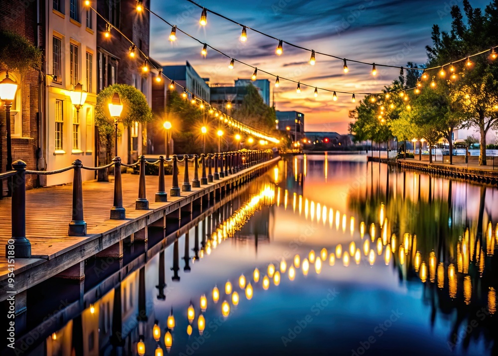 Fototapeta premium nighttime string lights twinkling reflections calm water peaceful Charleston dock street romantic evening ambiance