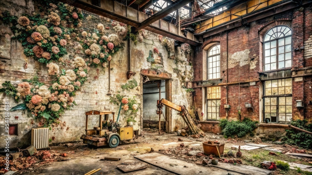 Fototapeta premium abandoned industrial site with peeling vintage floral wallpaper, crumbling brick walls, and rusty construction machinery, evoking nostalgia and decay