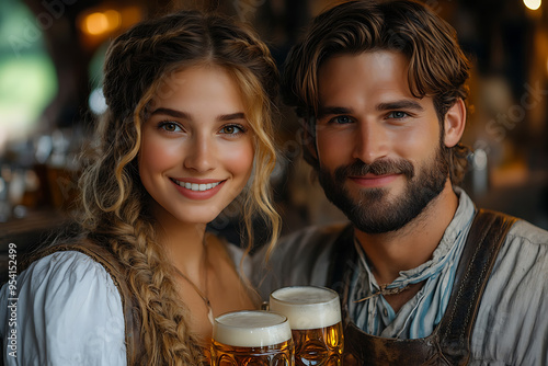 A girl and man in traditional Bavarian costumes holding beer glasses, celebrating Oktoberfest in a lively tavern bar setting. 