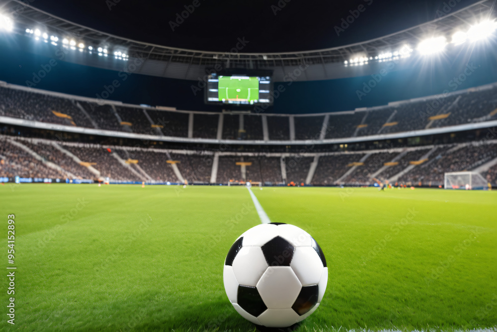 Obraz premium soccer ball on the grass near the centerline of a brightly lit stadium at night. The stands are filled with spectators, and a large screen displays the game.
