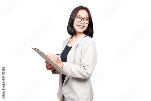 Asian Businesswoman with clipboard isolated transparent