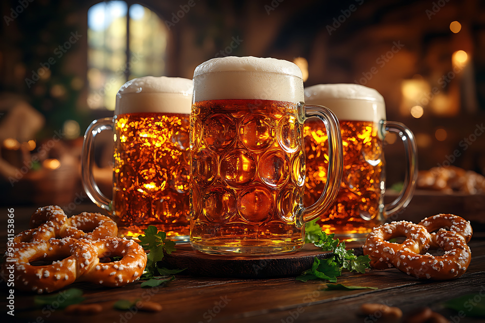 Lively Oktoberfest scene showcasing traditional beer mugs and pretzels, embodying the festive spirit of this iconic German celebration.
Lively Oktoberfest scene showcasing traditional beer mugs and pretzels, embodying the festive spirit of this iconic German celebration.