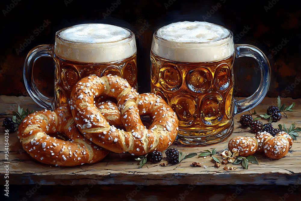 Lively Oktoberfest scene showcasing traditional beer mugs and pretzels, embodying the festive spirit of this iconic German celebration.
Lively Oktoberfest scene showcasing traditional beer mugs and pretzels, embodying the festive spirit of this iconic German celebration.