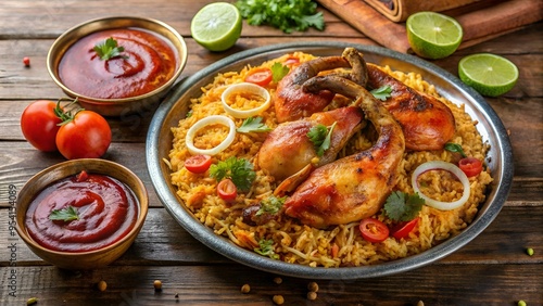 Chicken Mandi Arabic Dish Served With Yakhni, Spicy Tomato Sauce & Raw Onion Rings photo