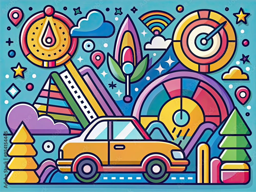 vibrant colorful playful illustrations whimsical speed limit five icons cartoons speedometers abstract shapes bold lines dynamic composition energetic youthful optimistic mood vibrant colorful playful illustrations whimsical speed limit five icons cartoons speedometers abstract shapes bold lines dynamic composition energetic youthful optimistic mood