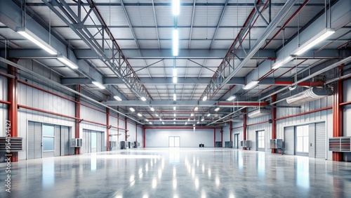 minimalist modern factory interior illustration with sleek clean lines industrial pipes concrete floors bright white lighting stark simplicity