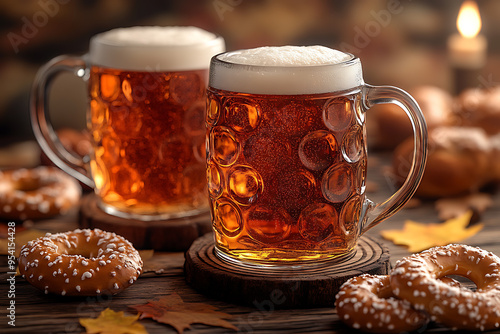 Lively Oktoberfest scene showcasing traditional beer mugs and pretzels, embodying the festive spirit of this iconic German celebration. 