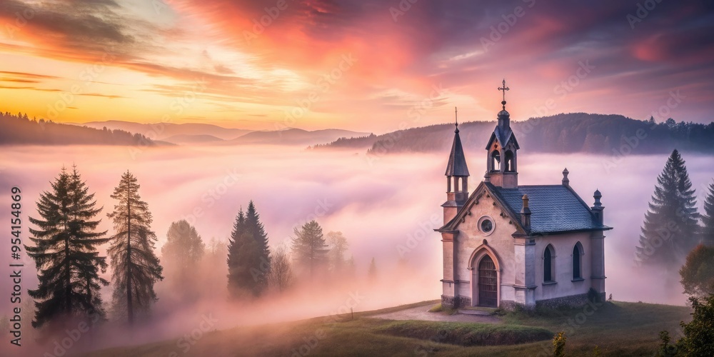 Fototapeta premium Dramatic morning fog swirls around the chapel's ornate facade, as soft pink hues and subtle mist evoke mystique, quiet contemplation, and ethereal romance.