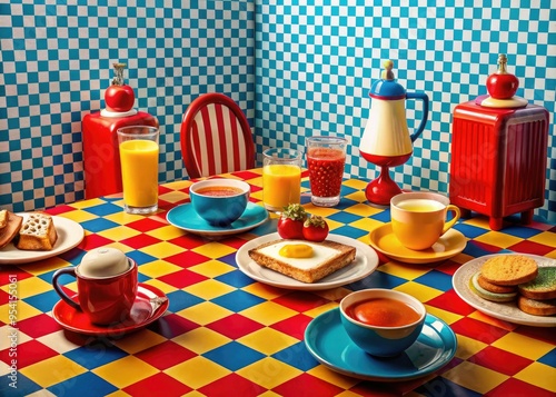 Quirky vintage-style diner breakfast scene with retro patterns and bold primary colors amidst playful textures and whimsical props photo