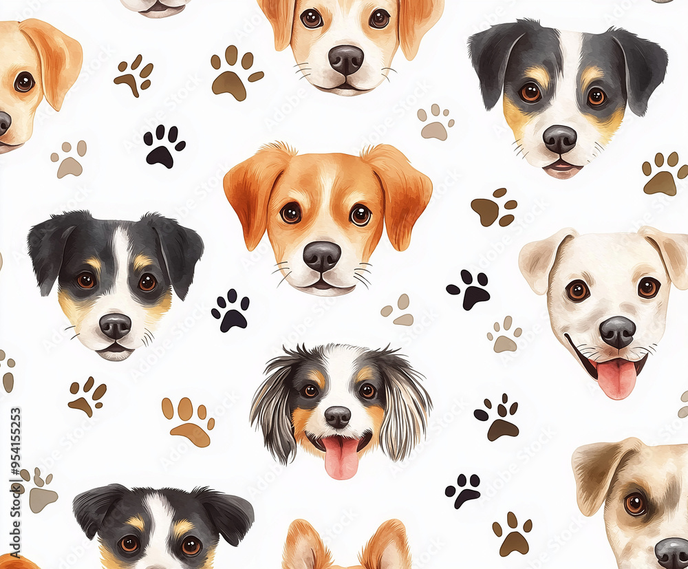Obraz premium A seamless pattern with watercolor dog faces and paw prints, , white background, playful texture