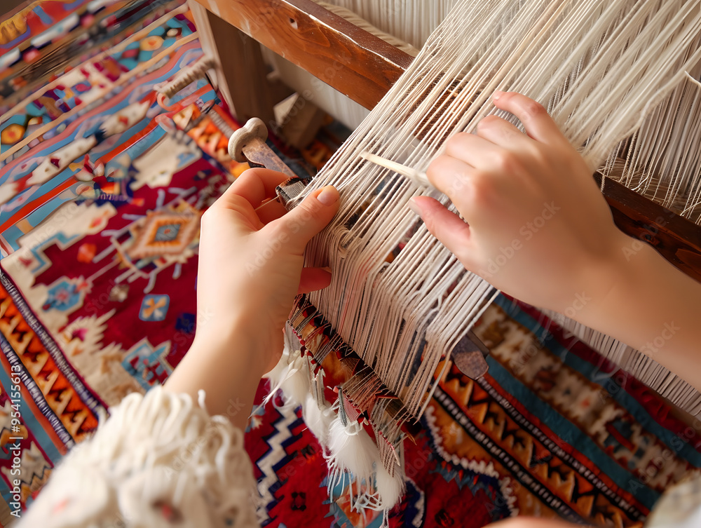 Obraz premium Young Woman's Hands Weaving on a Traditional Loom | Craftsmanship and Textile Art