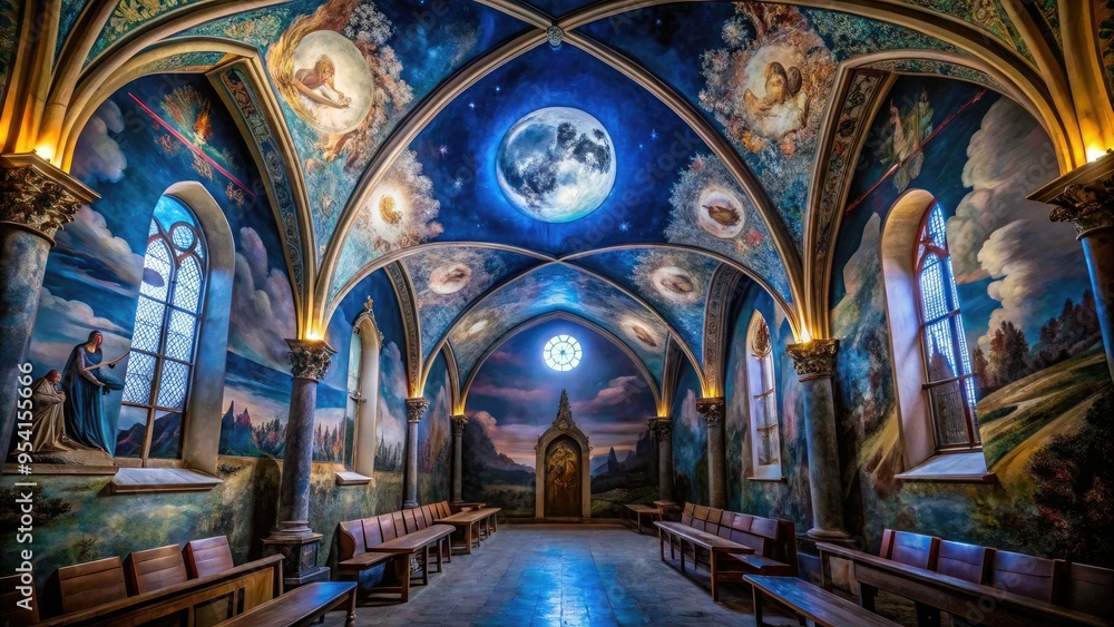 Fototapeta premium Ethereal moonlight illuminates the chapel's delicate frescoes, infusing the scene with otherworldly beauty, mystique, and serene introspection.