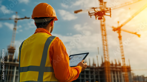 Construction worker using tablet, drone flying overhead, crane in background.