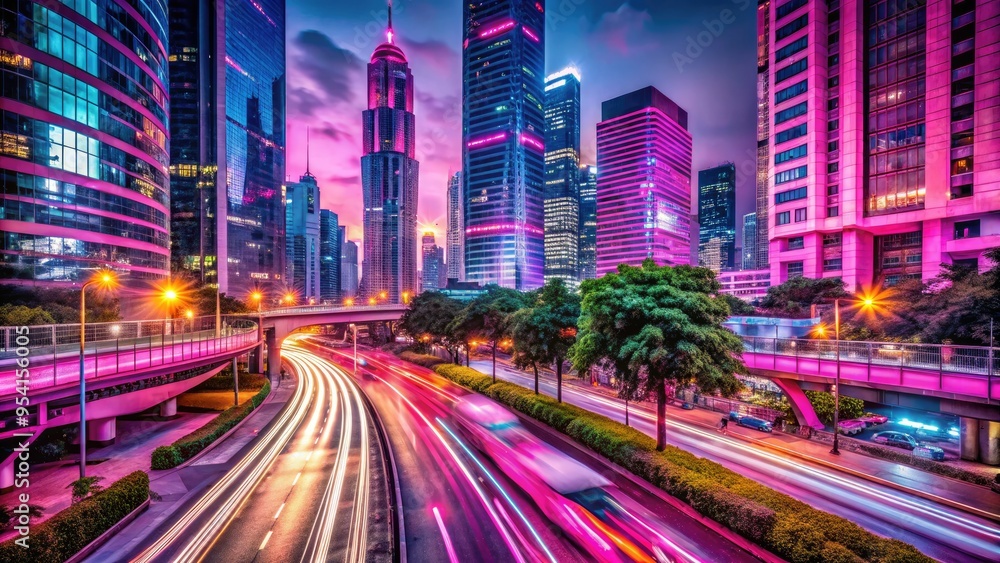 Fototapeta premium Urban Jungle Nighttime cityscape blurs speeding cars and buses amidst towering skyscrapers and illuminated metro signs casting a neon glow on modern bank buildings in hot pink tones.