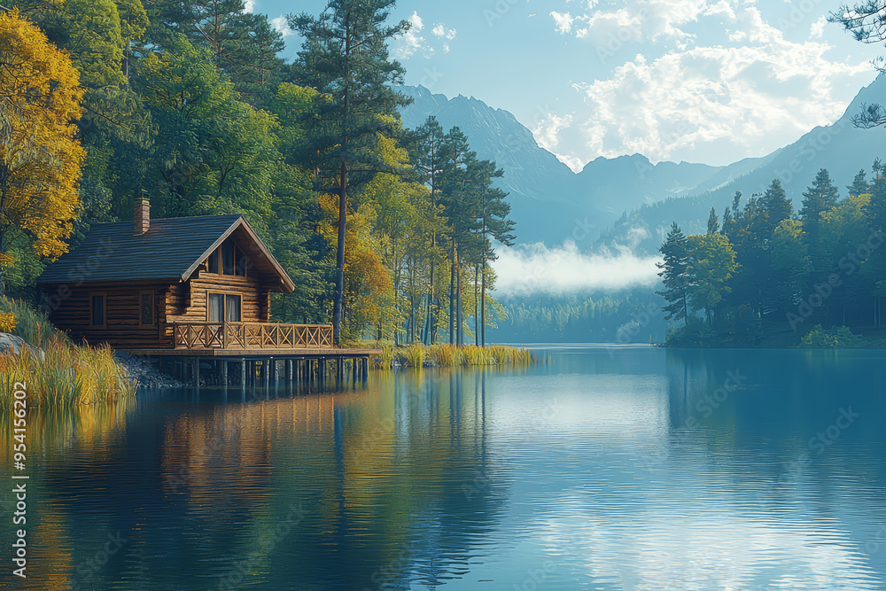 Fototapeta premium A peaceful lakeside cabin with a wooden deck overlooking the water, highlighting the serene beauty of a cozy retreat in nature. Concept of lakeside tranquility and cabin retreats.