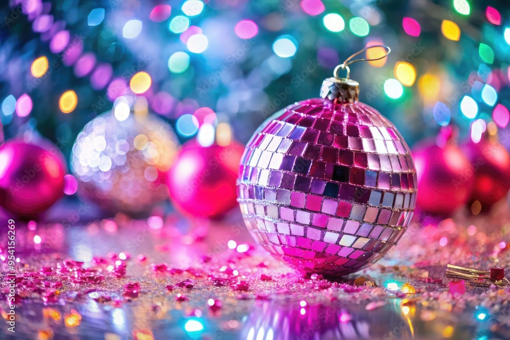 miniature pink glass ornament reflected in shimmering disco ball amidst retro-inspired winter party decorations and glittering confetti miniature pink glass ornament reflected in shimmering disco ball amidst retro-inspired winter party decorations and glittering confetti