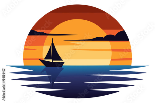 Tranquil Sunset Over Calm Sea with Sailboat Silhouette – Serene Coastal Scene Illustration