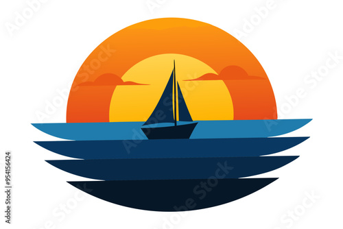 Tranquil Sunset Over Calm Sea with Sailboat Silhouette – Serene Coastal Scene Illustration