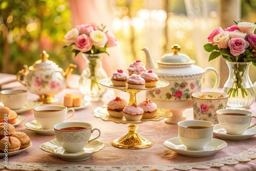 romantic afternoon tea party with delicate china and messy crumbs in soft pink and gold hues against lace tablecloth