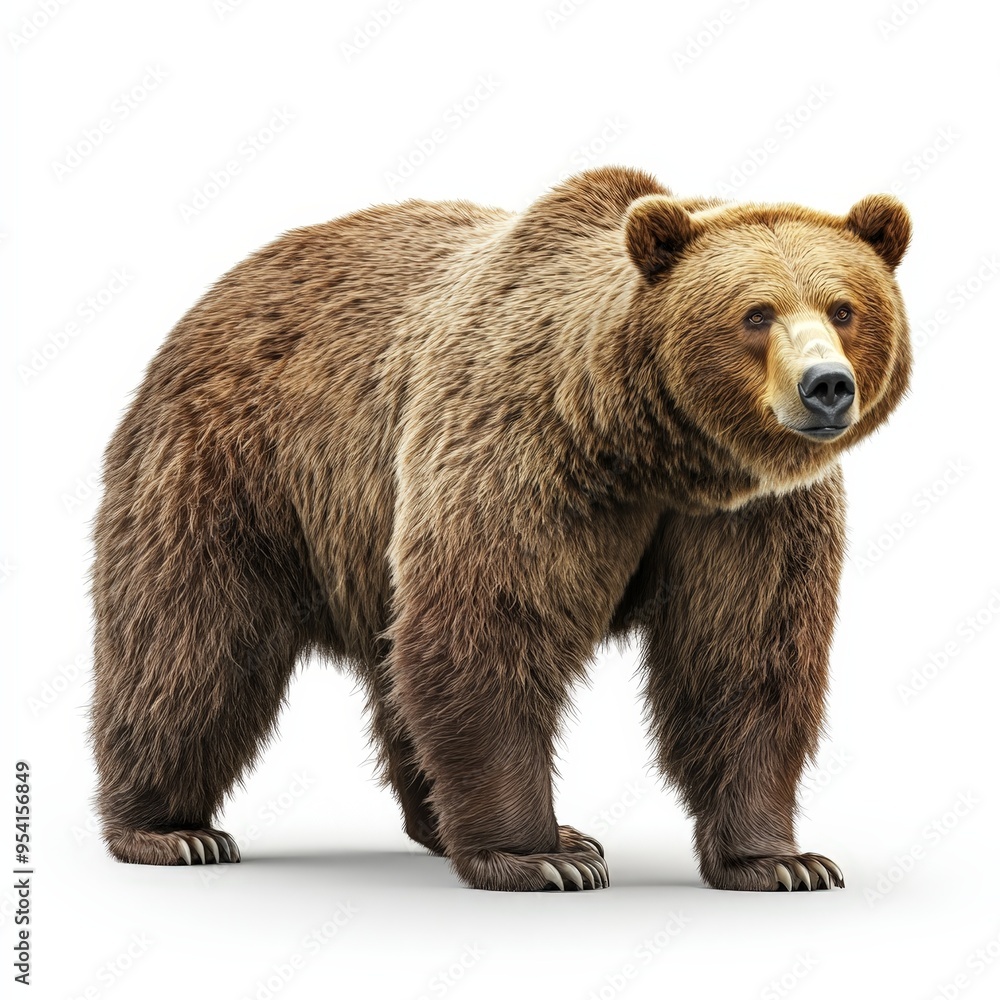 Obraz premium A large brown bear stands on a white background