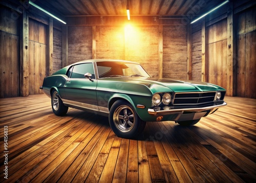 rare classic muscle car displayed on a rustic wooden floor with a warm nostalgic atmosphere and a subtle grainy film-like texture photo