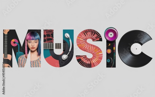 Collage of a girl with abstract music symbols on white background - creativity, music industry, promotional design photo