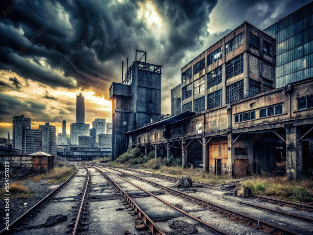 Moody Industrial Dark and gritty industrial landscape captures crumbling metro infrastructure and decaying bank buildings in stark monochromatic tones of decline. Moody Industrial Dark and gritty industrial landscape captures crumbling metro infrastructure and decaying bank buildings in stark monochromatic tones of decline.