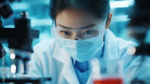 Determined female scientist in protective gear examines samples under a microscope, representing precision in research.