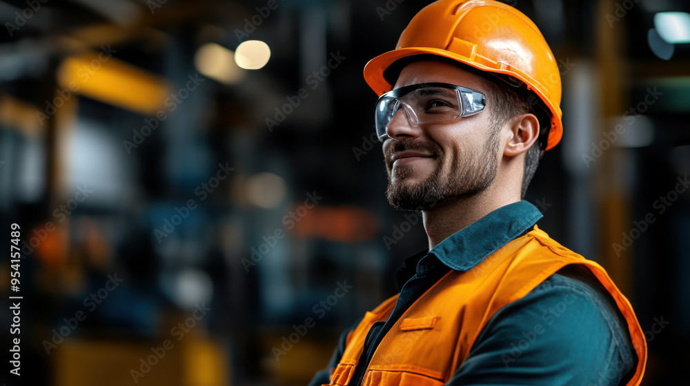 Happy factory worker wearing protective gear, smiling confidently in an industrial setting, representing job satisfaction and workplace safety. Happy factory worker wearing protective gear, smiling confidently in an industrial setting, representing job satisfaction and workplace safety.