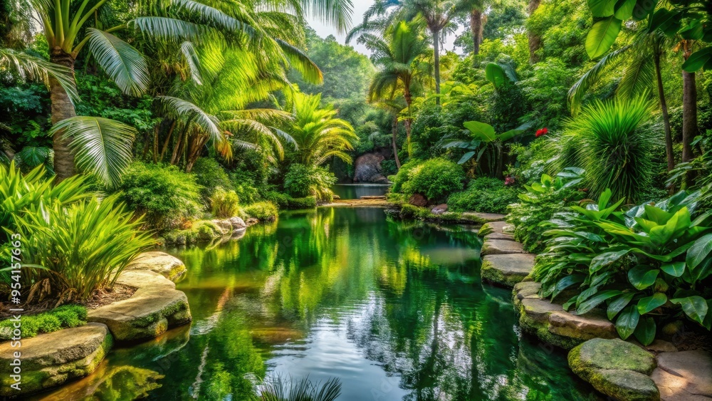 Tranquil botanical garden oasis capturing serene reflections amidst lush tropical foliage and tranquil water features in soft muted green hues. Tranquil botanical garden oasis capturing serene reflections amidst lush tropical foliage and tranquil water features in soft muted green hues.