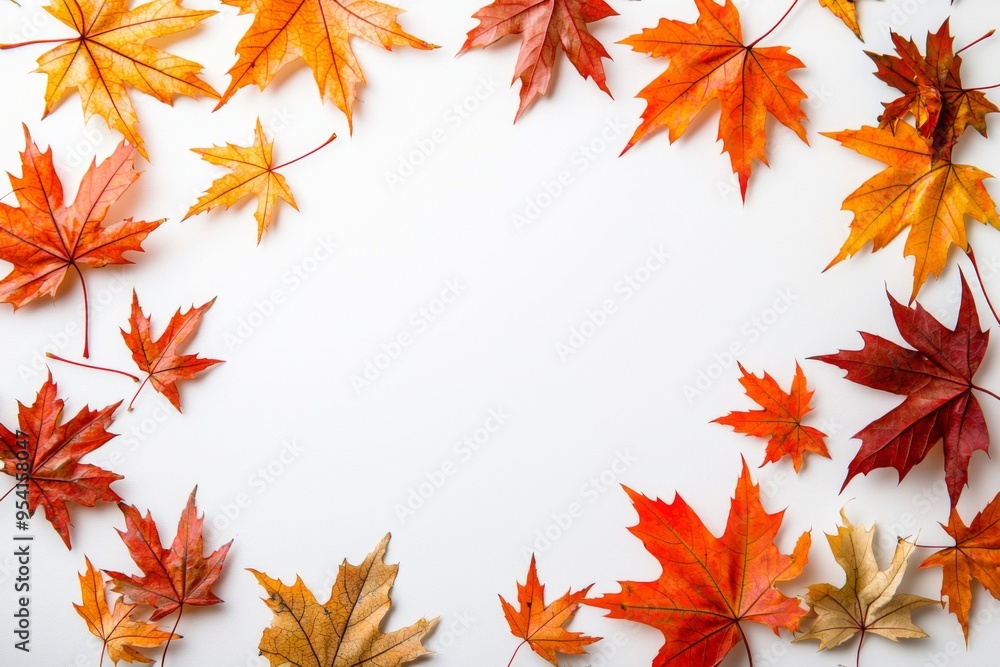 Autumn Maple Leaves Flat Lay White Background created with Generative AI Autumn Maple Leaves Flat Lay White Background created with Generative AI