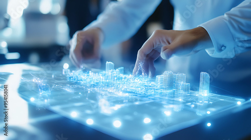 Close-up of hands interacting with a futuristic city model, showcasing innovation and urban planning.