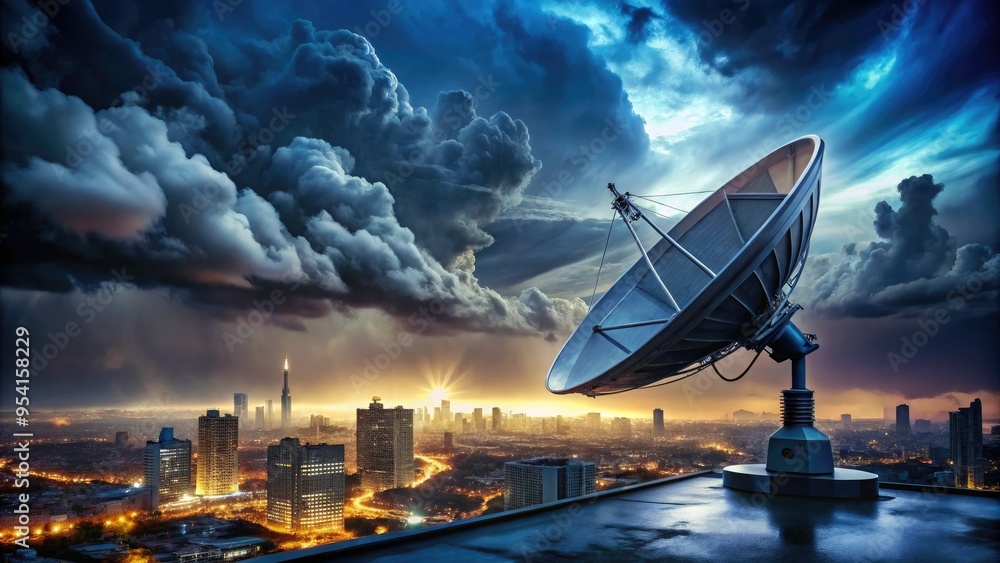 Moody stormy night cityscape satellite dish Moody stormy night cityscape satellite dish