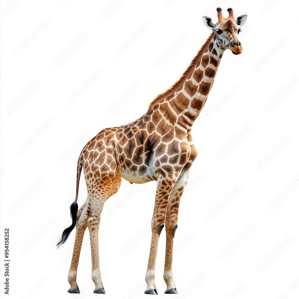 Fototapeta premium A giraffe stands tall on a white background