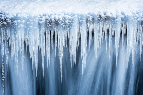 A frozen waterfall caught in mid-flow, with icicles hanging like stalactites, symbolizes a moment frozen in time and the serene stillness of nature.