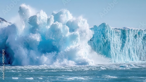 A glacier breaking off into the sea, with enormous chunks of ice plunging into the water, represents immense strength and icy intensity.