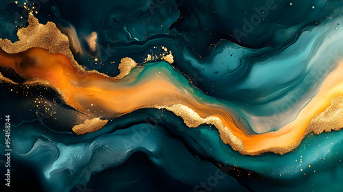 Abstract blue and gold liqu...