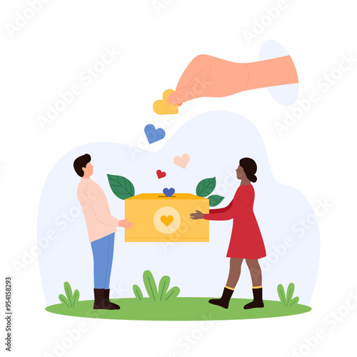 Charity, assistance and support from volunteers and community. Tiny people hold donation box, giant hand throwing heart to donate financial help, give hope and love cartoon vector illustration