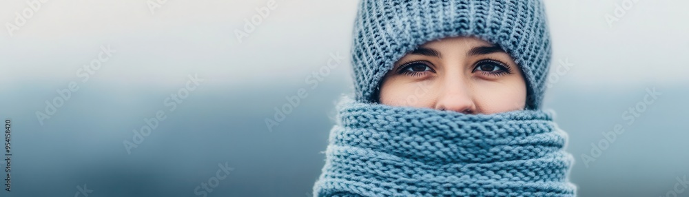 A close-up of a woman wearing a cozy knit hat and scarf, covering most of her face, capturing the essence of staying warm in winter. A close-up of a woman wearing a cozy knit hat and scarf, covering most of her face, capturing the essence of staying warm in winter.