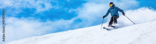 A skier wearing a blue jacket carves down a steep, snowy slope under a bright blue sky, capturing the thrill of alpine skiing in winter.